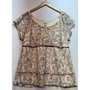 Venezia Women's Babydoll Top Stretch Size 22/24 Cream Brown Lace Short Sleeve